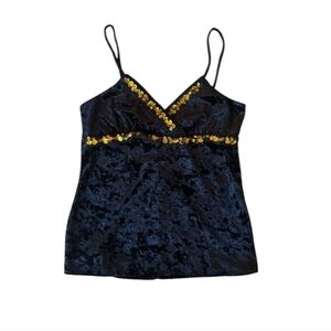 Vintage Y2K Top XS Velvet Sequin Sleeveless Tank Black Gold Surplice Ribbon